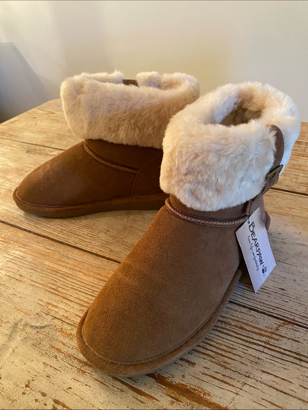 BearPaw Chestnut Suede Shearling Cuff Slip-On Boots